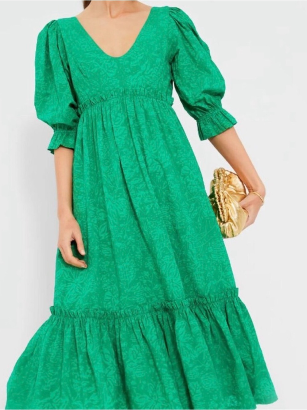 Hyacinth House Medium Green Puff-Sleeve V-Neck Midi Dress